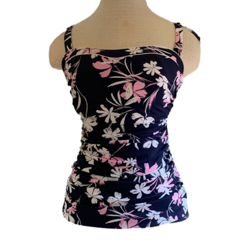 Gottex sz 34E navy, white and pink floral swim tank NWT